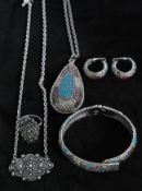 A 1970s signed Sarah Coventry Shangri-la 1972 necklace, bangle bracelet and earring set together