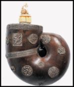 UNUSUAL 20TH CENTURY TIBETAN LEATHER IVORY AND METAL POWDER HORN