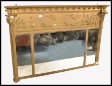 19TH CENTURY GILT WOOD & GESSO WORKED TRIPTYCH OVERMANTEL MIRROR