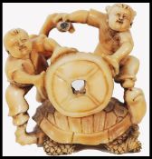 JAPANESE MEIJI PERIOD CARVED IVORY NETSUKE - LARGE TURTLE AND SAILORS