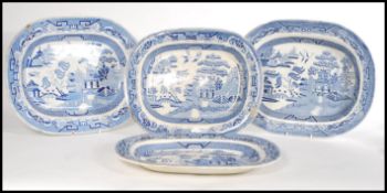 A selection of 19th century Victorian blue and white meat platters transfer printed in willow