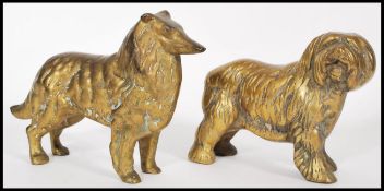 A pair of early 20th century cast brass figures of dogs comprising of a Rough Collie and a bearded
