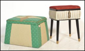 Two vintage retro 20th century storage items to include a coloured wicker basket and an ottoman