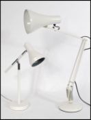 A Herbert Terry 20th century anglepoise industrial desk lamp in white colourway having pendant shade