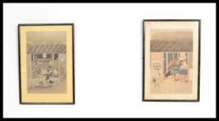 A pair of Japanese Meiji period woodblock / wood block prints depicting scenes of weapon forgers one