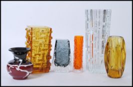 A group of vintage Whitefriars or Whitefriars style studio art vases to include bark effect red,