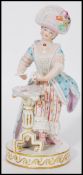 A late 19th century Meissen porcelain figure of a standing woman in 19th century costume by a tripod