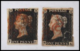 Two 19th century Victorian Penny Black stamps featuring the bust of Queen Victoria facing to the