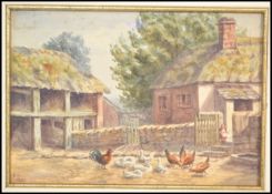 A 19th century framed and glazed watercolour painting of a farming scene with chickens. Signed by