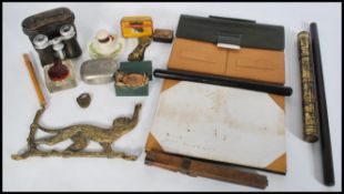 A group of vintage items to include Victorian brass paperclip in the form of a hand, inkwell,