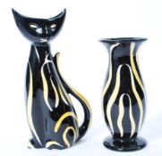 Two vintage retro 20th century Schmider pottery Anneliese Beck Tigris pattern cat figure and vase.