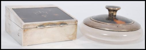 A silver hallmarked desk top cigarette case modelled as a Clerk's desk, the slope with tortoiseshell