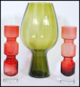 A pair of vintage retro 20th Century Riihimaki style stepped studio glass vases together with a