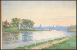 A 20th century Italian School watercolour painting of a river scene with city to the background