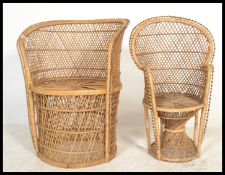A vintage mid century whicker peacock style bedroom chair together with a smaller whicker example.