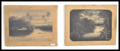 A pair of unusual oil on canvas paintings of Indonesian origin depicting river scenes being signed