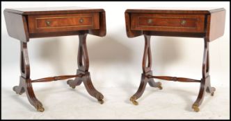 A good pair of Regency revival mahogany drop leaf side / lamp tables, each with single drawers being