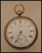 An early 20th century hallmarked silver open faced pocket watch marked for Selezi. The enamel face