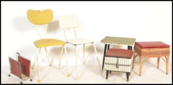 A collection of 20th century furniture to include two vinyl covered chairs with tubular white