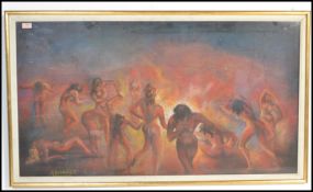 A 20th century large retro pastel and colour painting of unusual scene with bonfire and collection