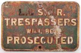 RARE EARLY L&SWR RAILWAY CAST IRON WARNING / TRESPASS SIGN