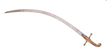 ANTIQUE CURVED BLADE INDIAN TULWAR SWORD WITH A BRASS HANDLE