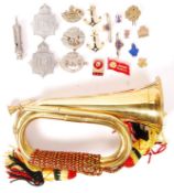 ASSORTED MILITARY UNIFORM BADGES, WHISTLE AND BUGLE