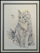 A 20th century painting on board of sitting gray cat with blue eyes, having raised texture