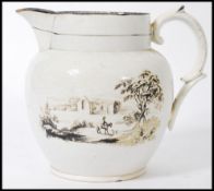 An 18th Century pearlware creamer jug having transfer old country house scenes to the front and