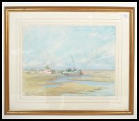 A water colour painting of moored ships and fishin