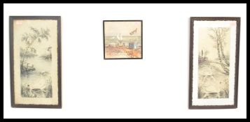 A pair of unusual Chinese framed and glazed pencil drawings of pond scenes with swans together