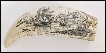 A contemporary 19th century Scrimshaw style resin faux marine ivory tusk having decoration depicting