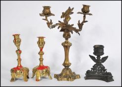 A group of 19th century Victorian lighting to include a pair of ormolu gilt bronze candlesticks with