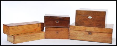 A selection of wooden desk boxes to include a 19th Century oak writing slope having a red velvet