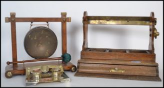 A group of antique items to include a 19th century oak triple decanter tantalus having drawer