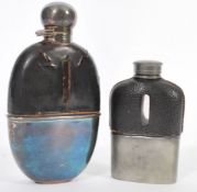 Two early 20th century silver plate and leather glass hip flasks one by James Dixon and Sons of oval