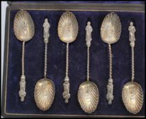 A set of six 19th century Victorian hallmarked silver Apostle teaspoons / tea spoons. Scalloped