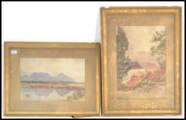 An early 20th century watercolour painting of a mountain scene being dated to the corner 1910.