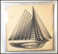 A vintage retro 20th century string and pin artwork depicting a sailing boat at full mast. Set to