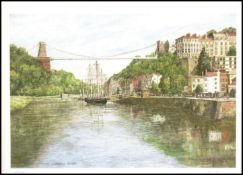 A local interest Bristol suspension bridge limited edition print by Jon Moore depicting a sailing