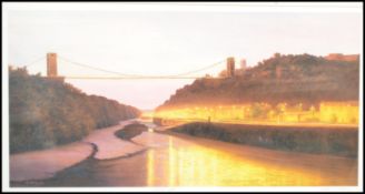 A contemporary local interest print depicting Bristol Suspension Bridge at dusk with glowing