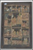A 20th Century Indian ink painting on canvas depicting narrative scenes in square panels culminating