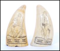 A Pair of Nineteenth Century Scrimshaw Sperm Whale Teeth decorated with hercules and a winged boy