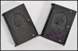 A pair of 19th century Victorian early plastic Vulkanite / Bois Durci vesta cases featuring the