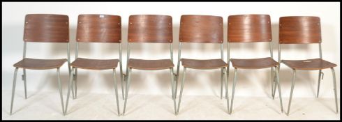 A set of 6 mid 20th century retro tubular metal and plywood stacking chairs - dining chairs of