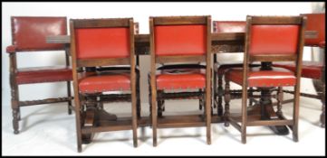 A large Jaycee Jacobean revival extending draw-leaf oak refectory dining table together with a set