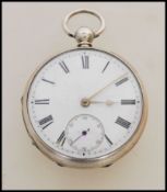A 19th century Victorian silver hallmarked pocket watch having a fusee movement. The white enamel