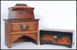 A collection of wooden boxes to include a Georgian tea caddy with twin caddys to the inside with