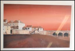 A contemporary print depicting Chocolate Harbour in St Ives Cornwall at sunset having red hues