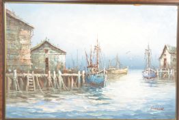 Attributed to Florence Wilkins Furst (American 1885-1955) A HARBOUR SCENE, oil on board, fishing